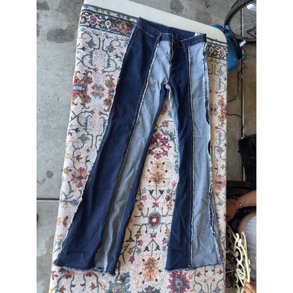 SHEIN Denim - SHEIN Womens Size 30 Two Tone Colorblock Flare Jeans Frayed Seam Bell Bottom